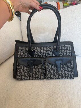 Christian Dior Trotter Double Saddle Pocket Tote Bag Black Canvas Leather
